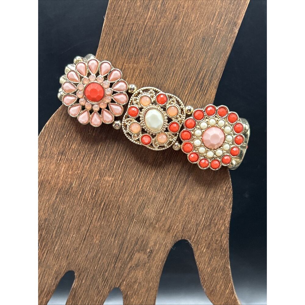 Chunky Gold Tone Pink And Coral Flower Bracelet Slide Stretch Bangle